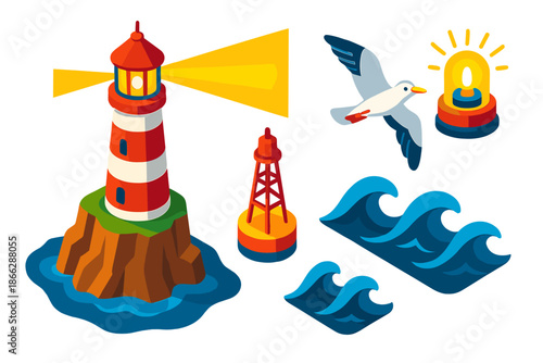 Lighthouse and Ocean Icons. Isometric vector illustration set Lighthouse Beacon: lighthouse with rotating light, rocky cliff edge,