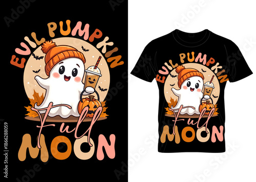 Evil pumpkin under the moon t shirt design with cartoon ghost