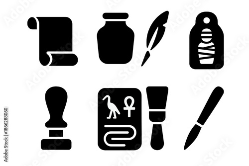 Mummy Scribe Tools. Solid style icons of mummy scribe equipment: linen scroll, embalming ink jar, ritual pen, sealing wax stamp,