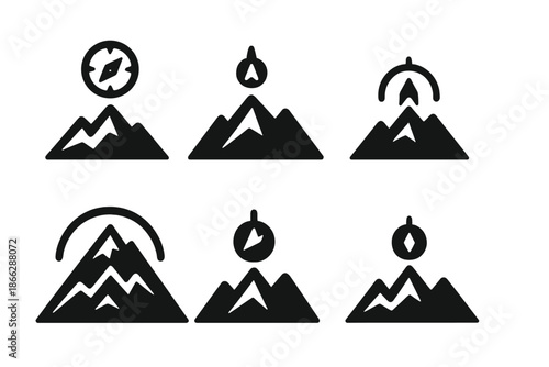 Mountain Crest Icons. Solid style icons of a mountain crest cradling direction: ridge compass cradle, mountain-top guide point,