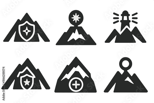 Mountain Navigation Icons. Solid style icons of mountain navigation guardians: protective compass ridge, guiding summit plate,