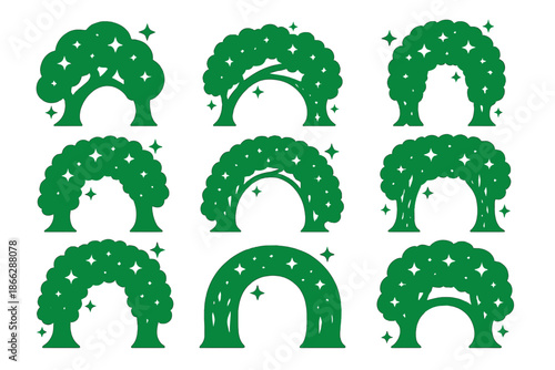 Shimmering Tree Archway. Solid style icons of a shimmering tree archway: glowing trunk arch, radiant branch curve, luminous leaf