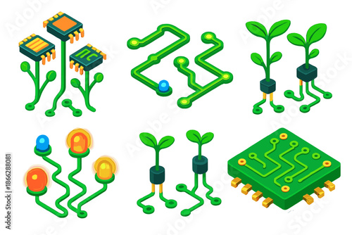 Circuit Board Garden. Isometric vector illustration set Circuit Board Garden: microchip flowers, circuit trace paths, sprouting