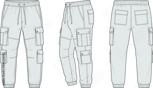 Technical fashion illustration of cargo jogger pants with utility pockets elastic waist streetwear apparel flat vector front side back views detailed modern design template