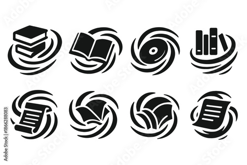 Vortex Archives Icons. Solid style icons of vortex archives: spinning files, rotating books, cyclone records, stormy library,