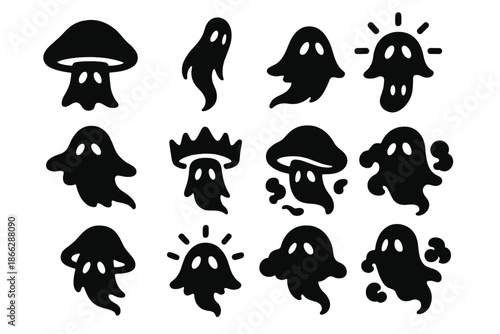 Fungal Specter Icons. Solid style icons of fungal specters: phantom cap, vapor stem, glowing apparition, drifting mushroom shade,