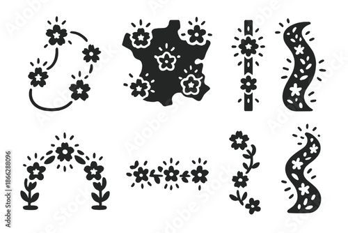 Radiant Botanical Pathways. Solid style icons of radiant botanical pathways: glowing flower route, illuminated petal map, luminous