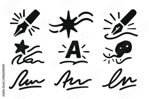 Quasar Calligraphy Icons. Solid style icons of quasar calligraphy: energy pen, plasma stroke, luminous handwriting, radiating ink