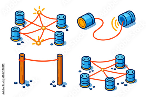 Tin Can Connection. Isometric vector illustration set Tin Can Telephone Network: tin can array on string, glowing connection nodes