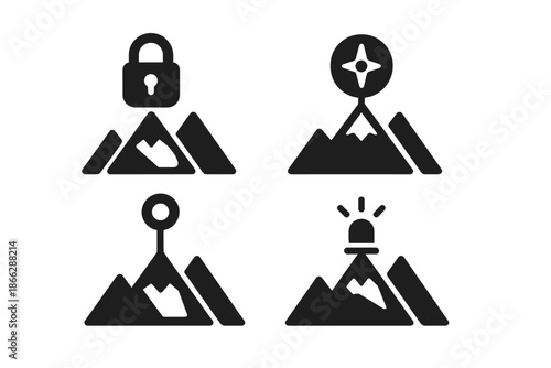 Safe Peak Icons. Solid style icons of a safe peak navigation point: secure mountain marker, balanced summit compass, stable crest