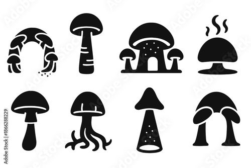 Luminescent Spore Architecture. Solid style icons of luminescent spore architecture: glowing fungal arch, biolight tower stem,