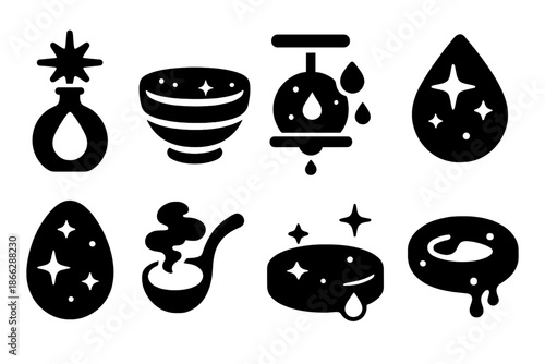 Celestial Nectar Icons. Solid style icons of celestial nectar collection: radiant dew vessel, cosmic hive bowl, galactic