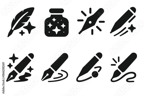Cosmic Scribe Instruments. Solid style icons of cosmic scribe instruments: star-charged quill, radiant ink vessel, pulsing photon