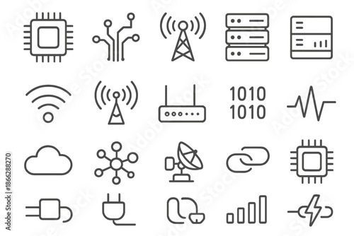 Technology Line Icons. Line style icons of technology and data: microchip, circuit board, signal tower, server rack, Wi-Fi wave,