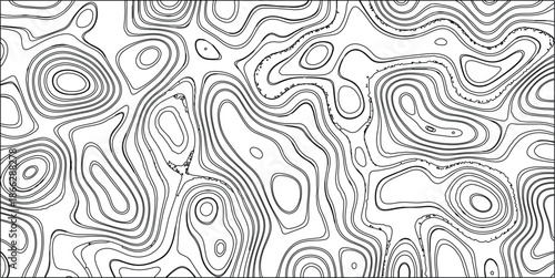 Abstract black and white topographic contour lines creating a complex organic pattern with swirling shapes and isolated circular forms against a clean white background, perfect for scientific or