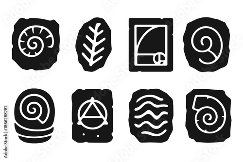 Fossil Art Icons. Solid style icons of a fossilized art sequence: layered fossil spiral, patterned rock imprint, ancient ratio