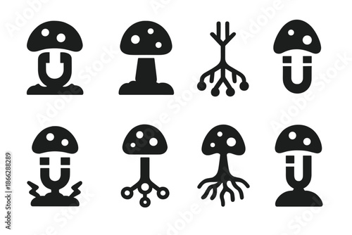 Magnetic Fungus Icons. Solid style icons of an earth-magnet fungus structure: grounded magnetic cap, terrestrial fungus node,