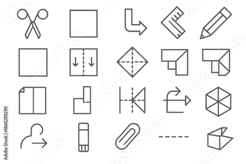 Paper Folding Icons. Line style icons of paper folding: scissors, paper sheet, folding arrow, ruler, pencil, square base, valley