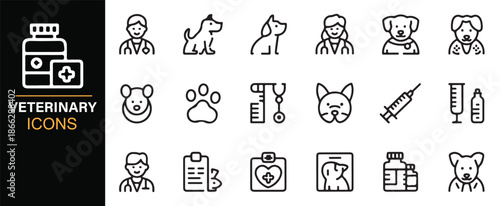 Modern pet care and veterinary outline icons