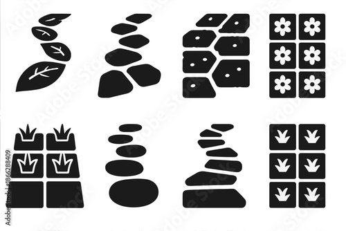 Nature-Inspired Pathways. Solid style icons of a natural tiled path forward: leaf-tile walkway, organic stepping field, moss-tiled