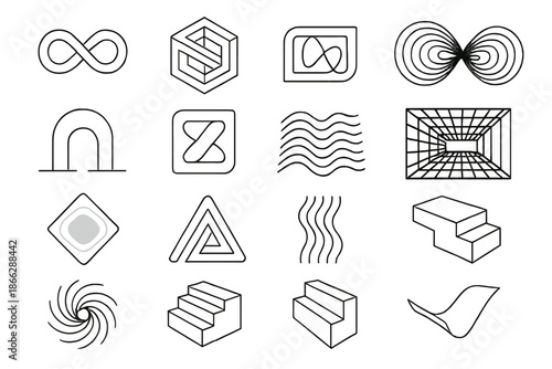 Line Style Illusions. Line style icons of optical illusions: infinite loop, impossible cube, Möbius strip, spiral tunnel, mirrored