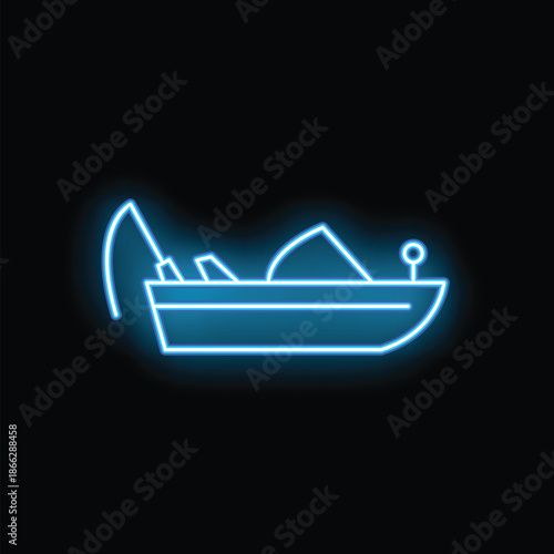 Blue neon sign of a fishing boat is glowing on a black background