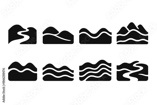 Flowing Hill Icons. Solid style icons of a rippling journey over hills: wave-form hill path, flowing terrain line, undulating