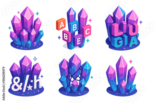 Linguistic Crystal Growth. Isometric vector illustration set Linguistic Crystal Growth: clustered glowing crystals, suspended
