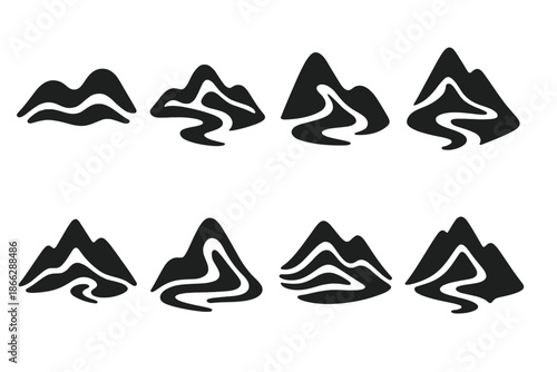 Rhythmic Mountain Icons. Solid style icons of rhythmic mountain design: wavelike ridge curve, oscillating path flow, soft terrain