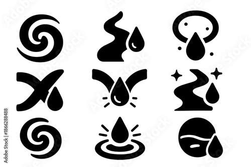 Galactic Nectar Icons. Solid style icons of a milky way nectar junction: spiral nectar path, luminous galactic stream, starlight