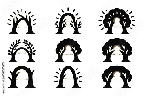 Luminous Tree Archway. Solid style icons of a luminous tree archway: glowing trunk arch, radiant branch loop, light-threaded leaf