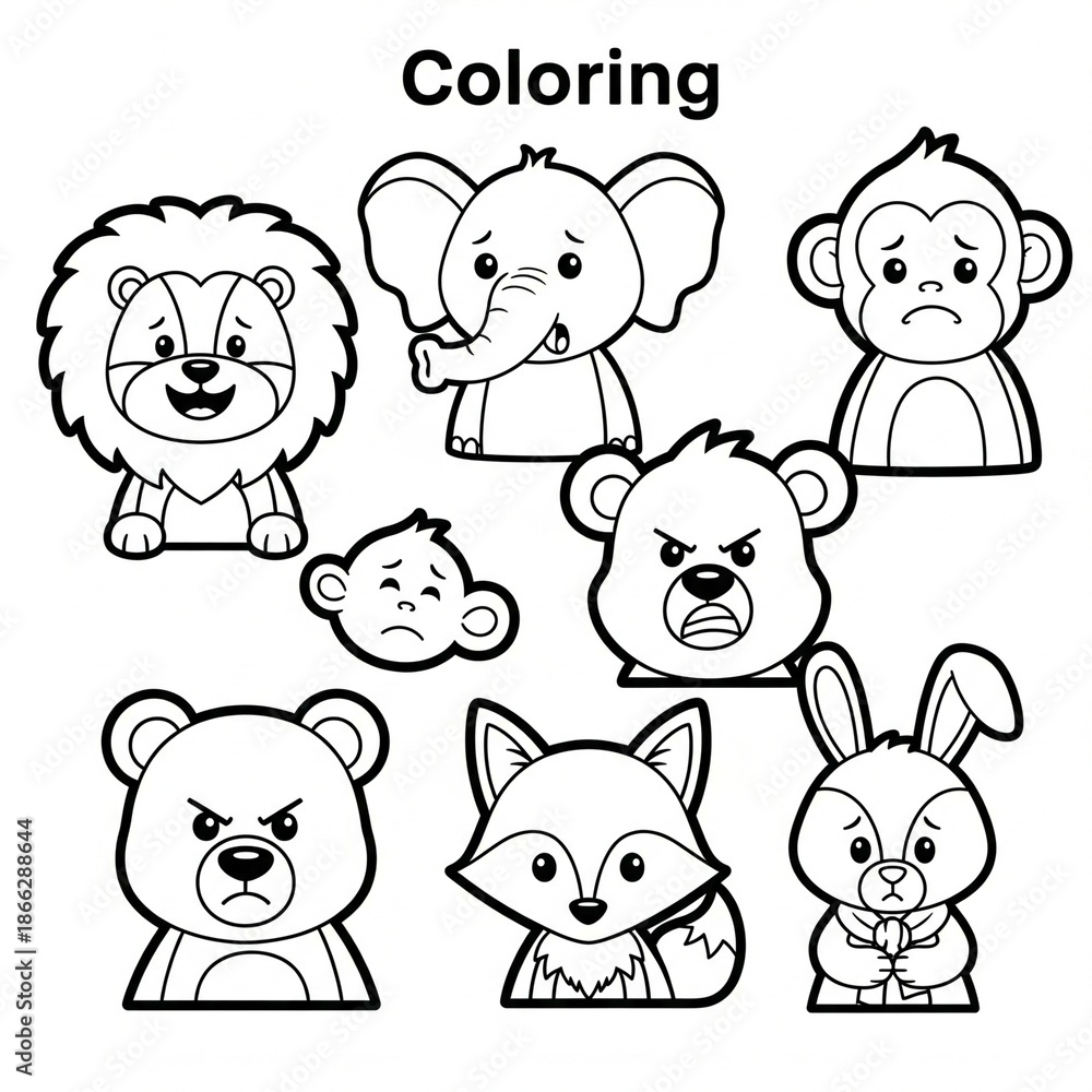Obraz premium Cute Animal Faces Collection with Different Emotions for Kids Coloring Page