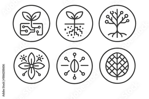 Bio-Digital Growth Icons. Line style circular vector icons of bio-digital growth: motherboard sprout, pixel roots,