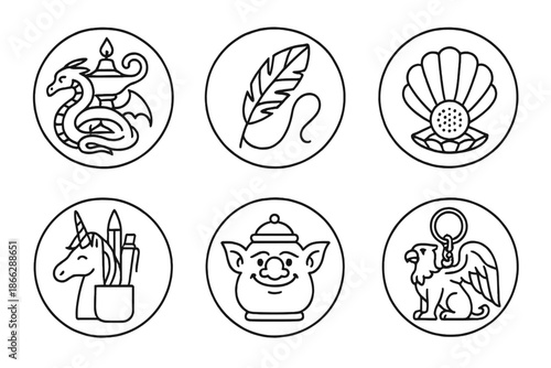 Enchanted Object Icons. Line style circular vector icons of enchanted objects: dragon curled lamp base, phoenix feather bookmark,