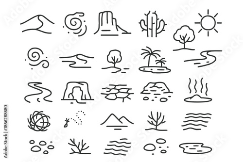 Desert Icons Collection. Line style icons of desert landscape: sand dune, rocky cliff, cactus cluster, blazing sun, dust swirl,