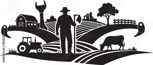 Farmer Standing in Field with Tractor and Livestock Silhouette