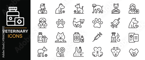 Pet healthcare and veterinary outline vector icons