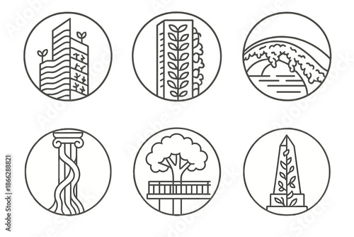 Bio Architecture Icons. Line style circular vector icons of bio architecture: living skyscraper, vertical garden tower, moss