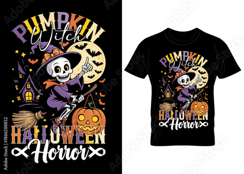 Halloween horror pumpkin trick or treat t shirt design with skeleton and jack o lanterns