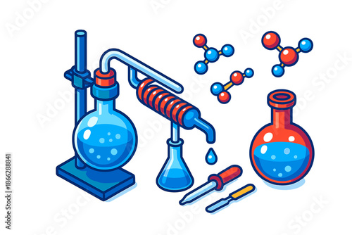 Molecular Distillation Icons. Isometric vector illustration set Molecular Distillation Art: distillation apparatus, round-bottom