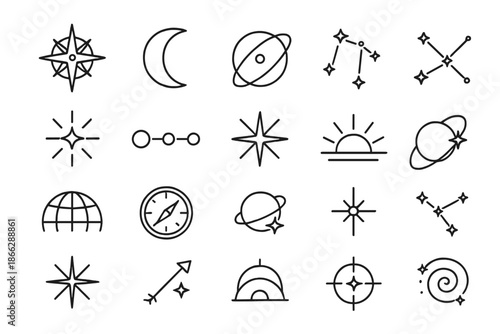 Celestial Navigation Icons. Line style icons of celestial navigation: star compass, moon phase, orbit map, constellations, stellar