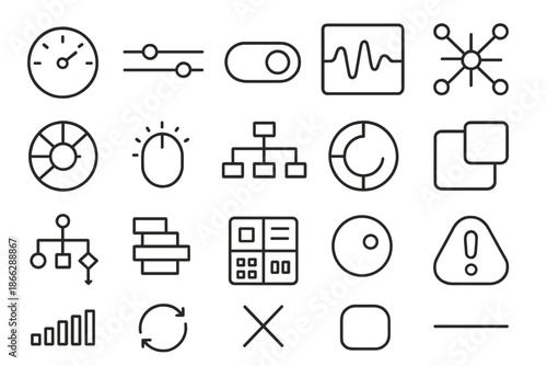 Algorithmic Dashboard Icons. Line style icons of algorithmic dashboards: circular dial, slider strip, toggle chip, waveform pane,