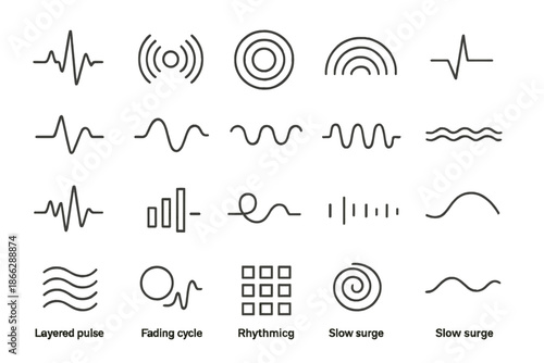 Ocean Rhythm Icons. Line style icons of ocean pulse rhythms: heartbeat wave, radial oscillation, concentric pulse, cascading arcs,