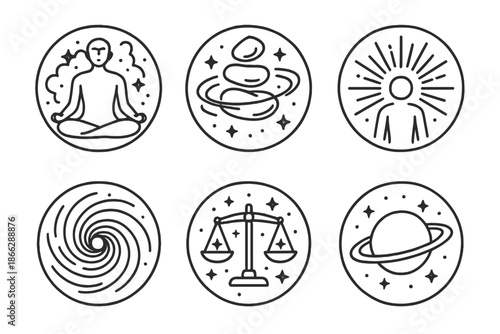 Cosmic Yogi Icons. Line style circular vector icons of spiritual cosmos: seated yogi with nebula glow, hovering stones, radiating
