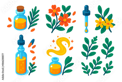 Botanical Essence Icons. Isometric vector illustration set Botanical Essence Story: aromatic plant vials, flowering branches, tiny