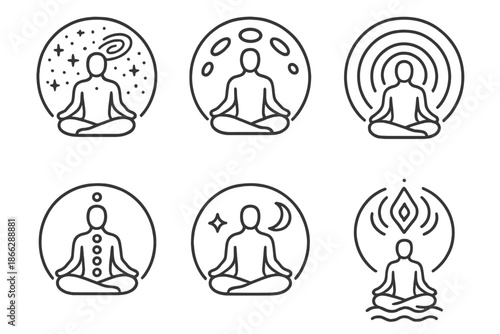 Celestial Meditation Icons. Line style circular vector icons of celestial meditation: meditating figure with glowing universe