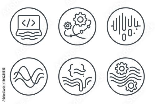 Tech Creativity Icons. Line style circular vector icons of tech creativity: laptop with code waves, tiny gears orbiting stream,