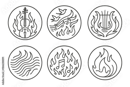 Elemental Music Icons. Line style circular vector icons of elemental music: violin in fire aura, melody birds ascending, glowing