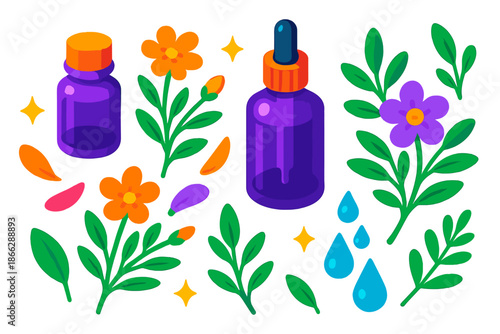 Botanical Essence Icons. Isometric vector illustration set Botanical Essence Story: essential oil bottles, blooming sprigs,