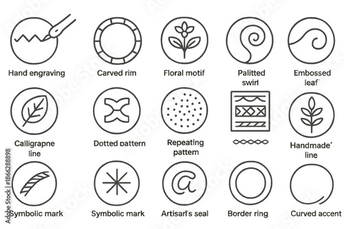 Ceramic Decoration Icons. Line style icons of ceramic decoration: hand engraving, carved rim, floral motif, painted swirl,